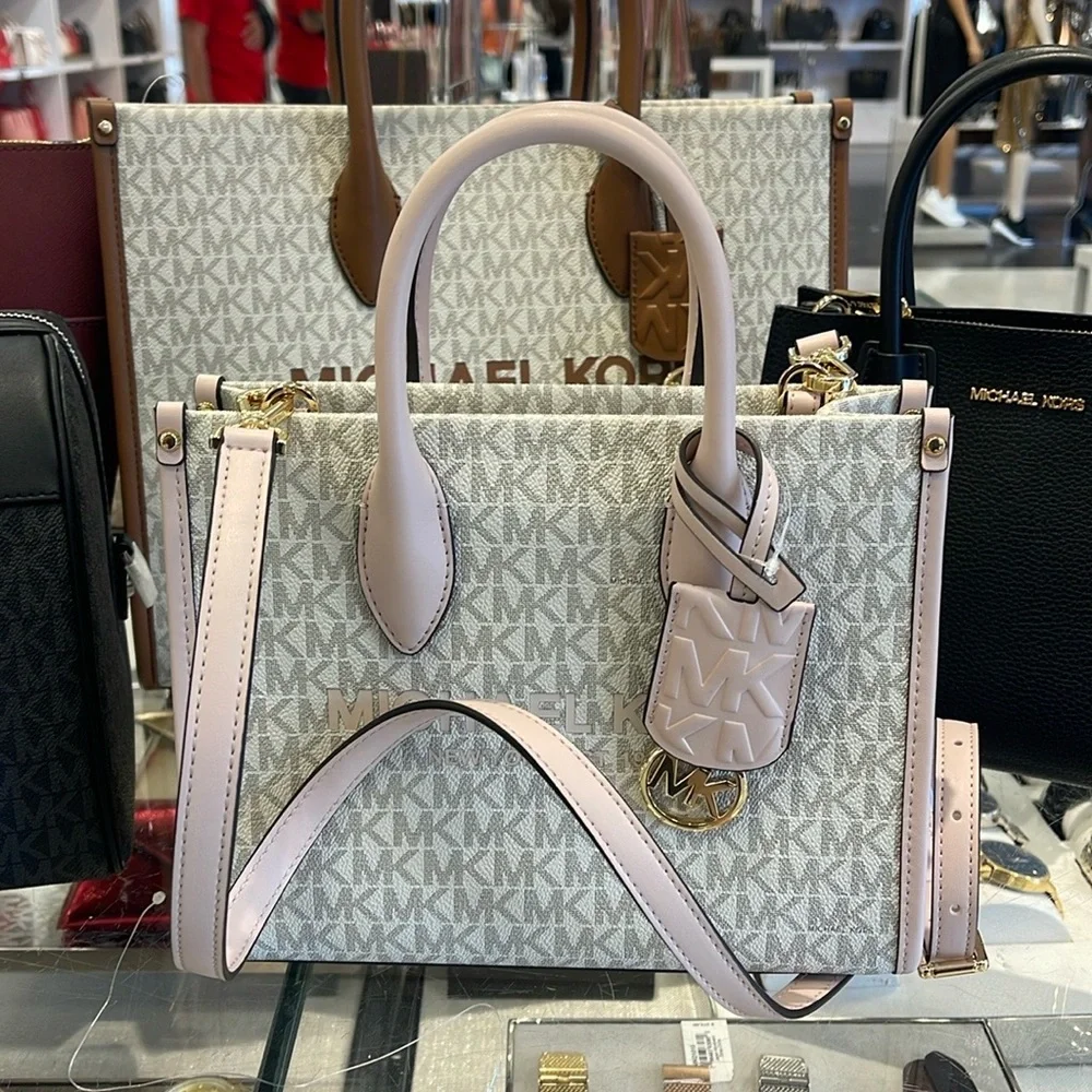 Michael Kors Mirella Small Shopper Top Zip Crossbody Bag Powder Blush Multi Logo